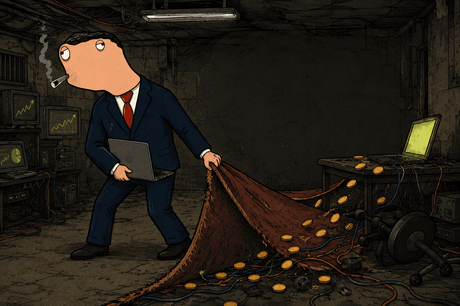 Hunter Boden pulling a literal rug through a ruined launch bunker